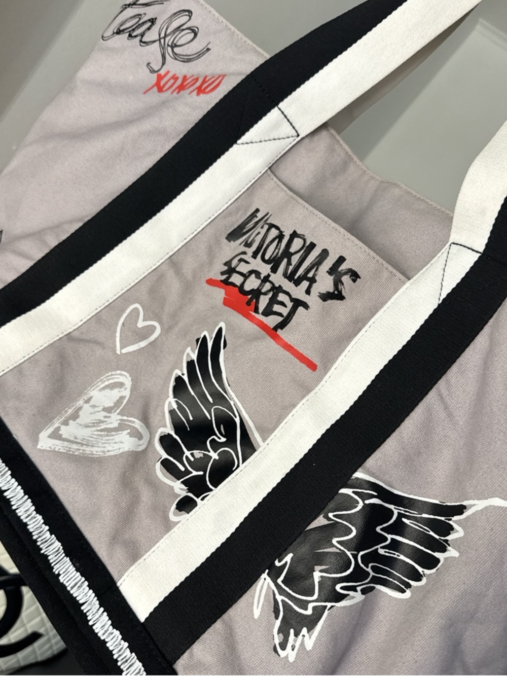 Victoria's Secret Taupe Tote with Black & White Straps and Wing Graphics